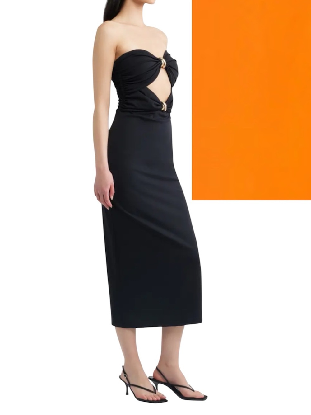 Torn by Ronny Kobo Strapless Orange Ruched Maxi Dress with Gold Rings Sandrine